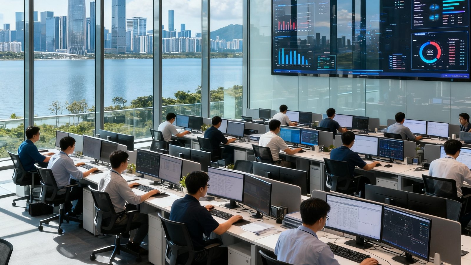 华体会HTH数据节点深圳总部办公室实景，开放式办公区中数十位工程师在工位前专注工作，落地窗外可见深圳湾城市天际线，墙面上悬挂着实时数据监控大屏