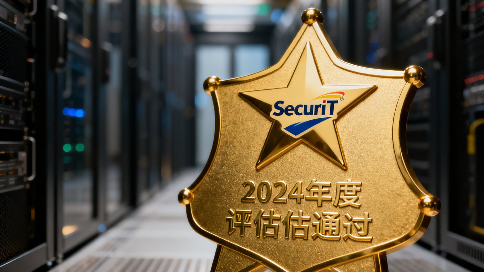一份金色的五星安全认证证书特写照片，证书上印有SecurIT标志和2024年度评估通过的烫金文字，背景虚化为数据中心走廊