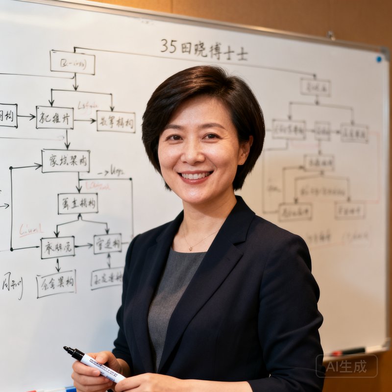 首席技术官林晓薇博士的个人照片，35岁女性，短发干练，站在白板前写满技术架构图，手持马克笔微笑面对镜头